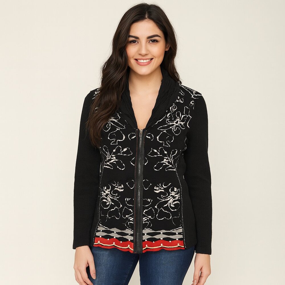 🧥 Dolcezza  Art-Inspired Elegance: Zip Front Cardigan Size Large